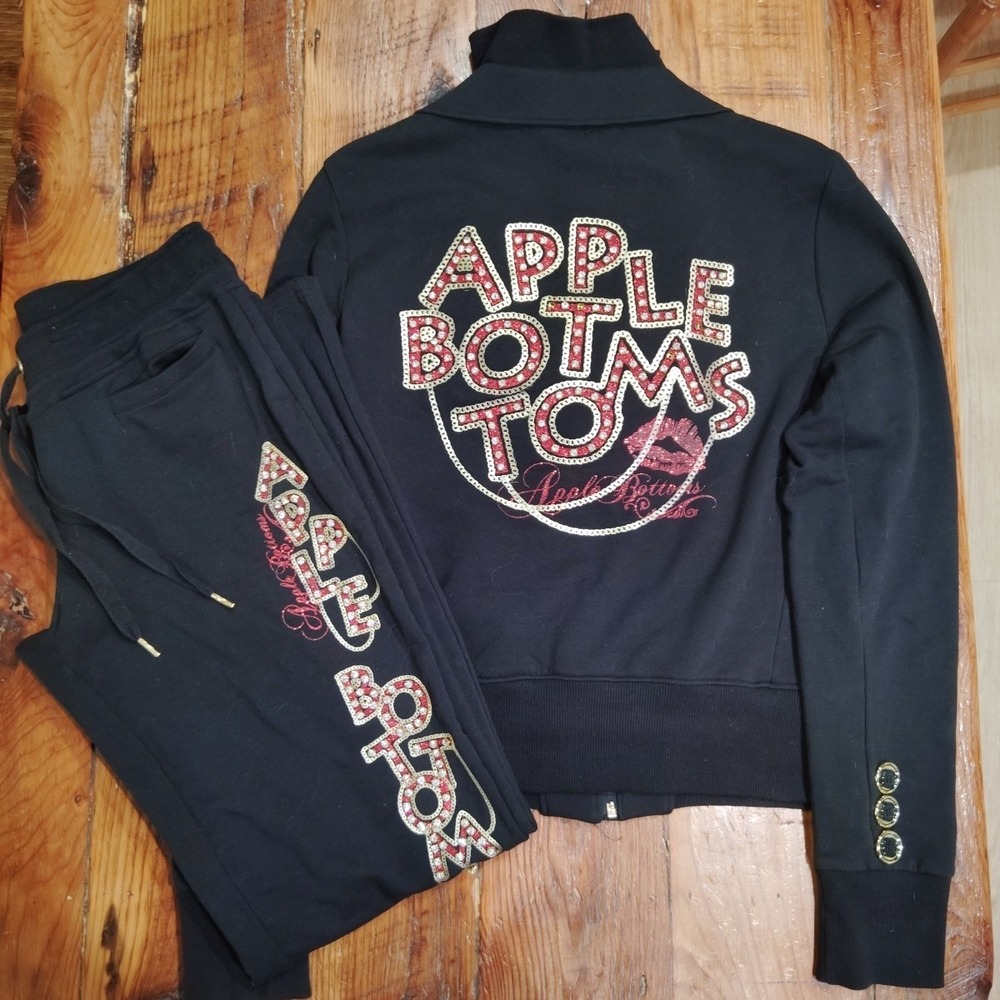 Apple Bottom RARE Black Vintage 2 Piece Y2K Rhinestone Tracksuit Velour